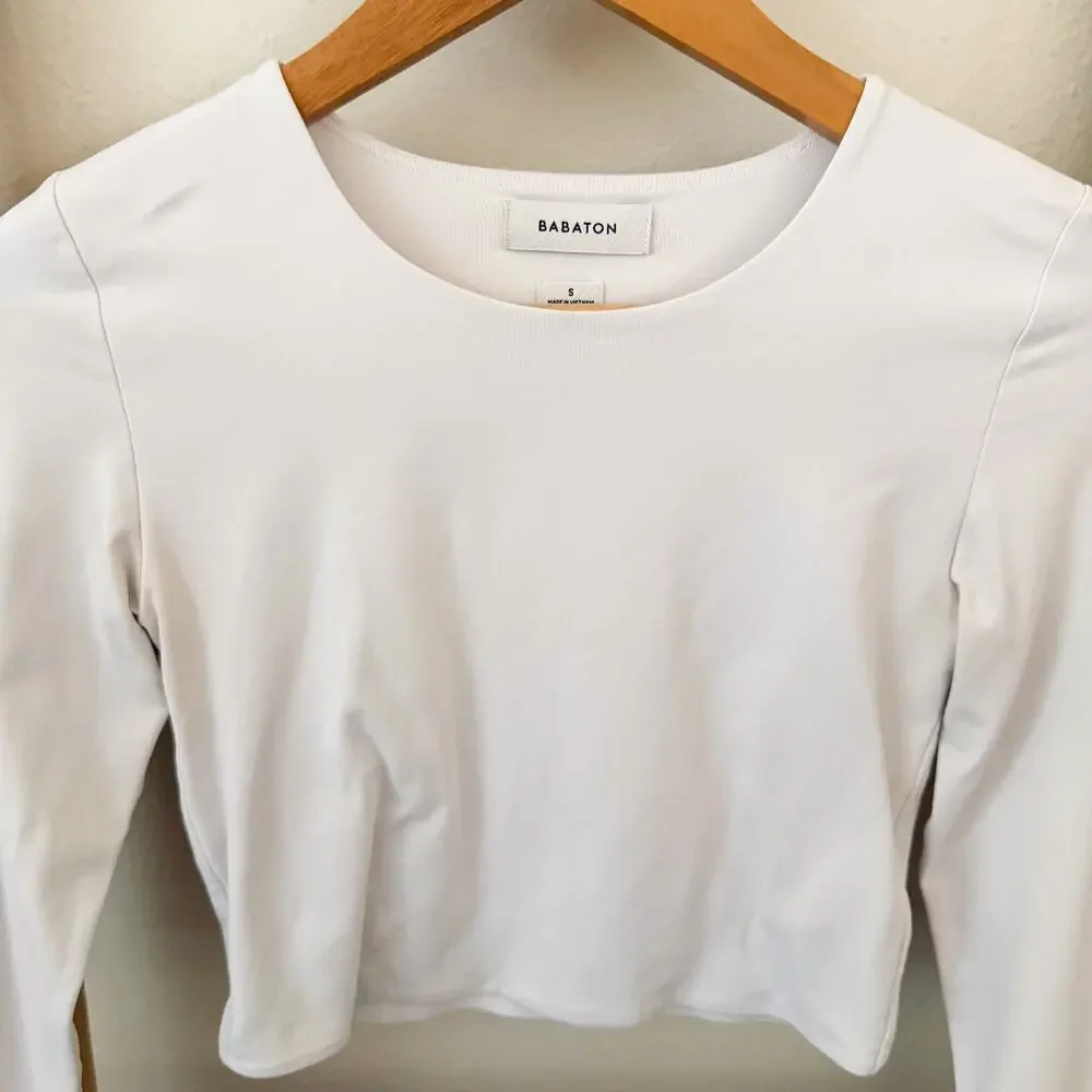 Aritzia Babaton Long Sleeve Crew Neck Crop Top White Double Layer Stretch Small